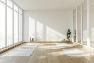 Fototapeta premium Sunlit minimalist yoga studio with mats and large windows.