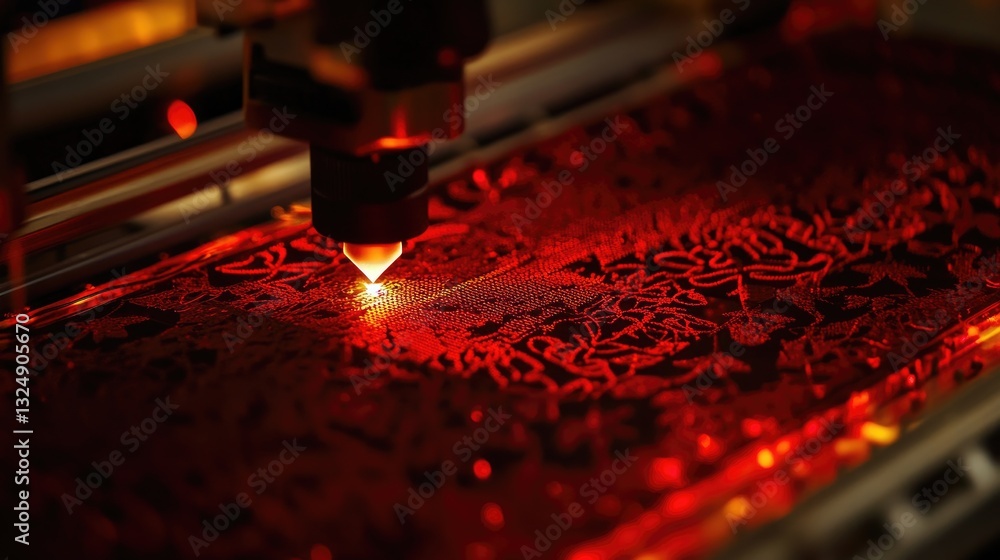 Poster a high-tech laser fabric cutting machine in operation, creating precise textile patterns with minima