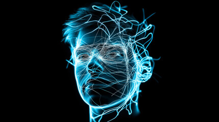 A futuristic digital wireframe portrait of a man, glowing with neon blue light against a dark background.