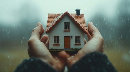 Adjusting Miniature House Model on Wooden Base, A person adjusting a detailed miniature model of a house with a tiled roof, placed on a wooden base
