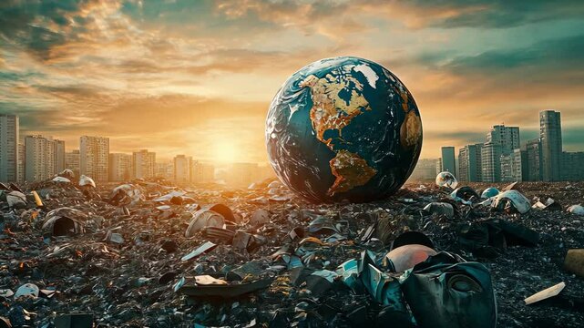 Environmental Crisis: A Dystopian Future with a Polluted Earth Surrounded by Urban Decay and Waste