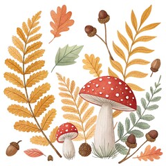 Obraz premium Watercolor painting of autumnal elements red toadstools, acorns, oak leaves, ferns. Detailed botanical illustration, earthy tones, nature theme.