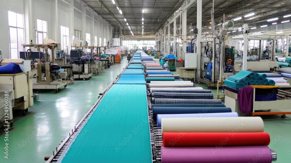 Poster a high-tech textile production line with automated fabric cutting machines, showcasing precision and