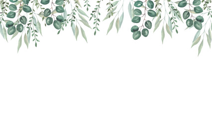 Frame with watercolor illustrations of various herbs. Frame with hand-drawn green branches of herbs. Perfect for wedding, birthday, seasonal holidays.