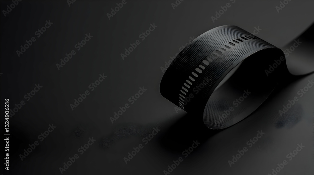 Poster abstract black ribbon rolling with textured surface in dark studio background