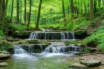 Fototapeta premium Cascading waterfall in lush forest. Tranquil stream flows over rocks. Green trees and foliage surround the water