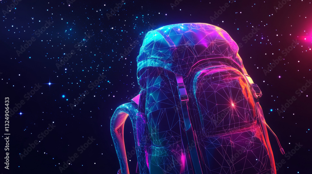 Poster backpack isolated from low poly wire frame on dark background. vector polygonal image in the form of