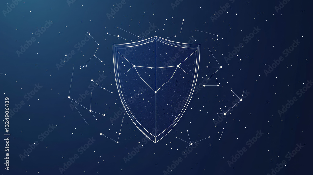 Poster shield in the hand palm low poly wireframe. vector polygonal image in the form of a starry sky or sp