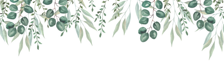 Frame with watercolor illustrations of various herbs. Frame with hand-drawn green branches of herbs. Perfect for wedding, birthday, seasonal holidays.