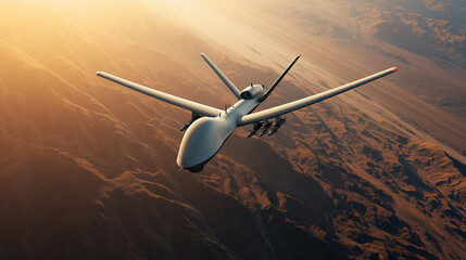 Fototapeta premium A military drone flies high above a vast desert landscape, capturing an aerial surveillance view. 