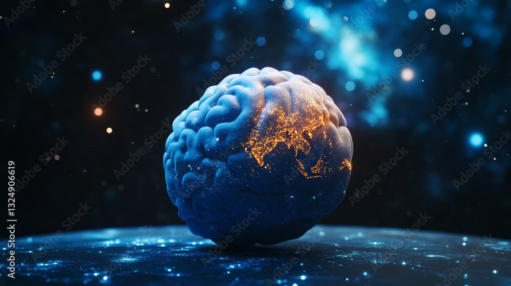 Poster world in brain. globe on human brain background. vector low poly wireframe in the form of starry sky