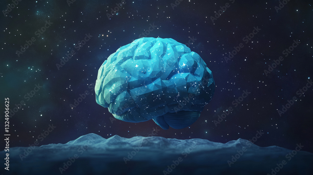 Poster world in brain. globe on human brain background. vector low poly wireframe in the form of starry sky