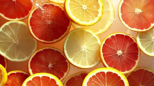 Vibrant citrus slices dynamic background with fresh lemon and grapefruit rotation