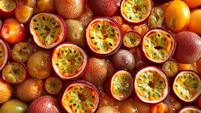 Vibrant citrus and passionfruit overlap: fresh juicy layers in a colorful display
