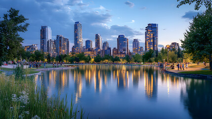 Fototapeta premium Bustling Urban Waterfront with Scenic Cityscape Reflection - A Perfect Blend of Modernity and Tranquility