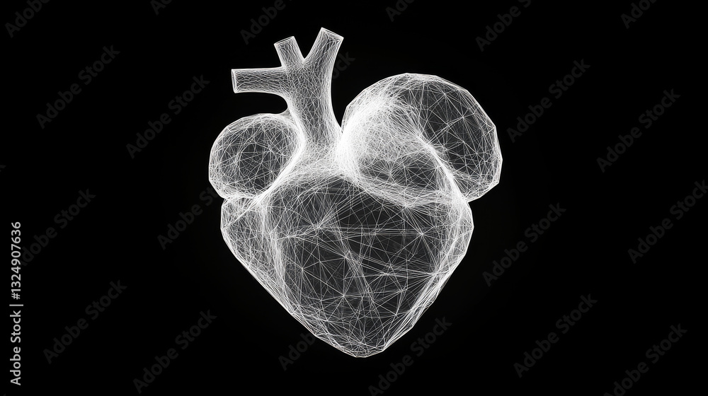 Poster vector isolated heart low poly from metall wireframe and points. polygonal 3d white human organ on d