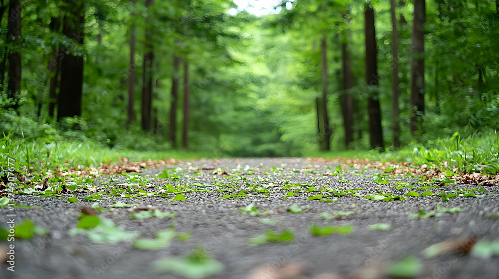 Poster stone path through dense green forest surrounded by tall trees and lush vegetation with soft sunligh