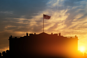 White House frontal view at sunset time, Washington DC, United States of America.
