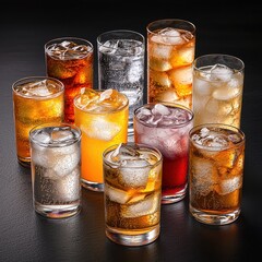 Variety of refreshing drinks served in glasses with ice.