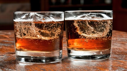 Two glasses of fizzy beverage on a wooden table.