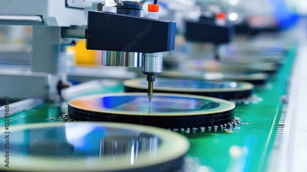 Poster a robotic quality control system analyzing semiconductor wafers for defects in a clean lab.