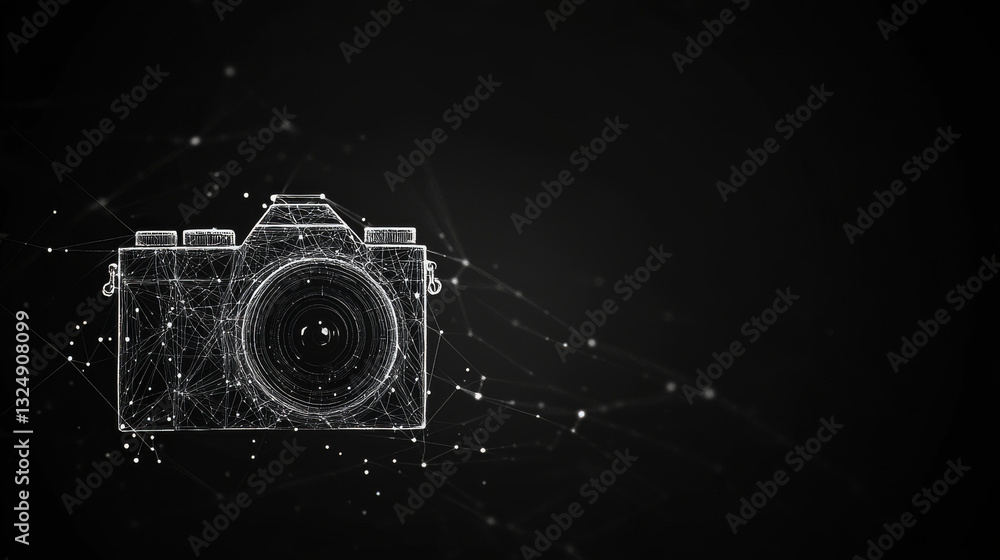 Poster abstract vector image of camera with distruction effect. low poly wire frame illustration white on b
