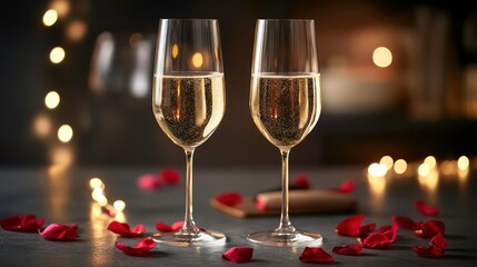 Two glasses of sparkling wine with rose petals and twinkling lights create a romantic ambiance. Ideal for Valentine's Day, anniversaries, and celebrations of love.