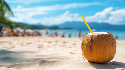 A coconut drink with a straw resting on golden sand at a tropical beach, with mountains and people in the background.