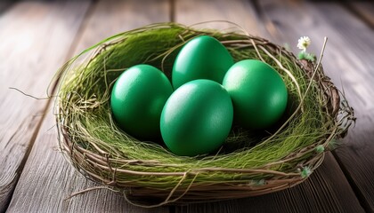 vivid green easter eggs in a natural rustic nest
