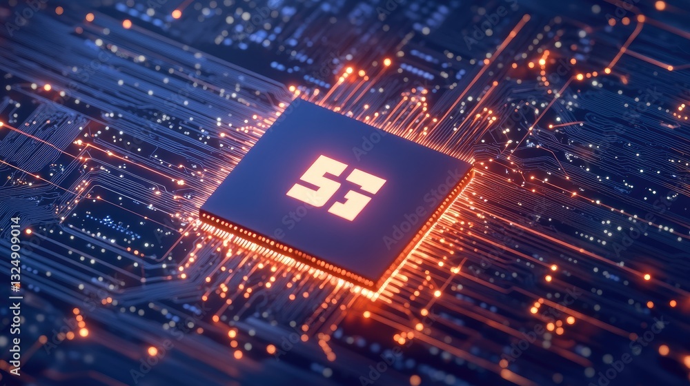 Poster a visualization of wireless communication technology, with a glowing g chip at the center of a digit