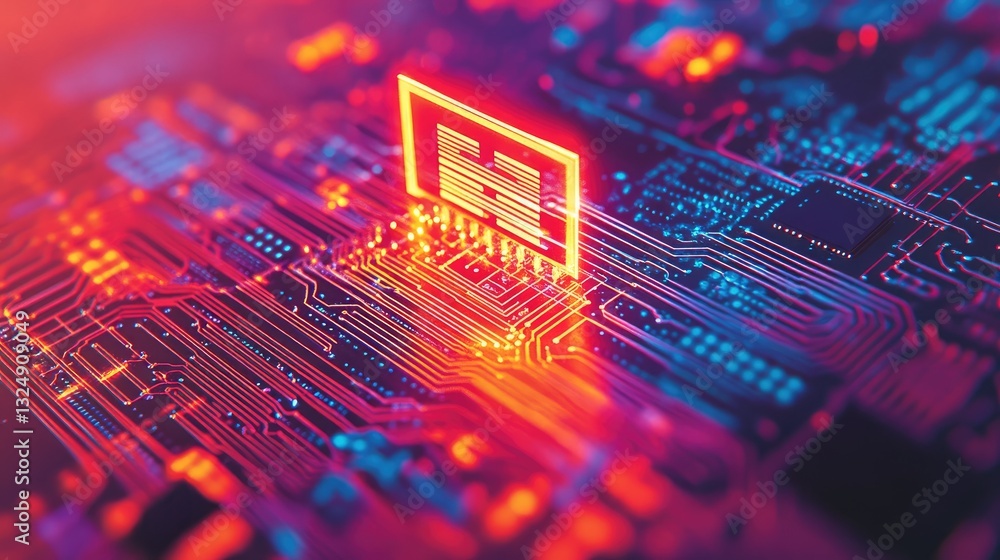 Poster a visualization of wireless communication technology, with a glowing g chip at the center of a digit