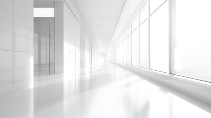 Obraz premium Bright Minimalist Corridor with Large Windows, Bright, minimalist corridor with large windows and reflective floor