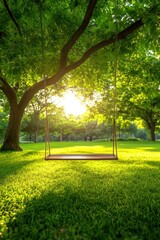 Empty swing in park in Spring.