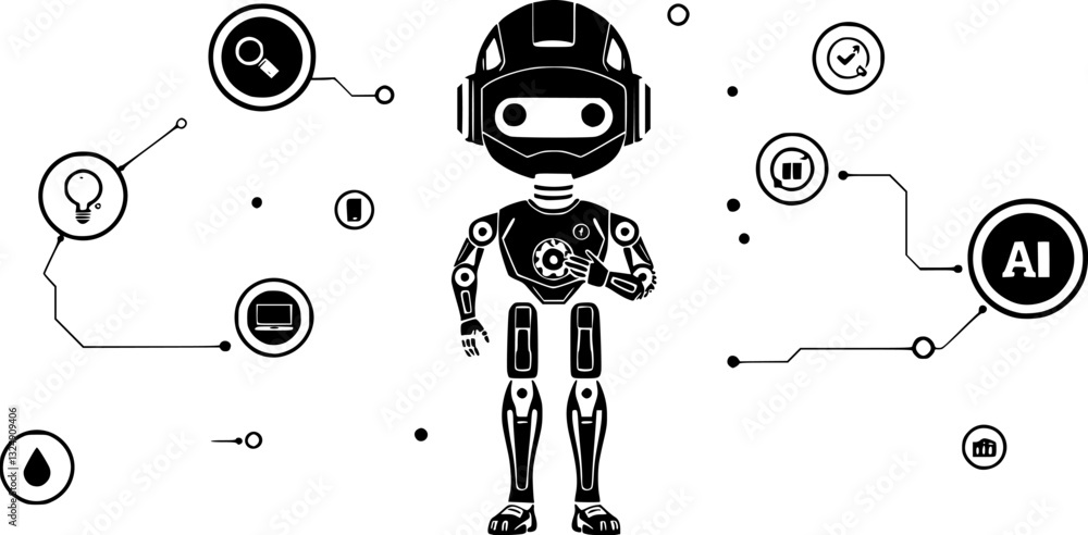 Poster outline illustration of a humanoid ai robot deep in thought minimal futuristic vector art.