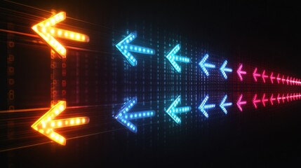 A vibrant display of directional arrows in neon colors against a dark background.