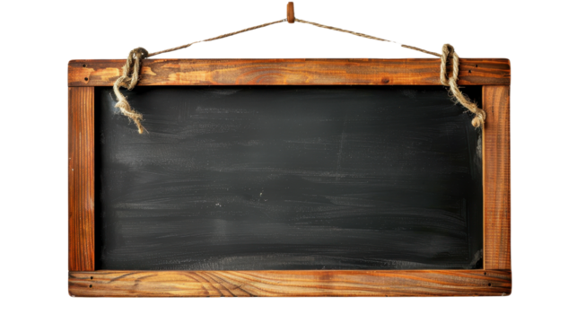 Empty hanging chalkboard with wooden frame and rope on transparent background