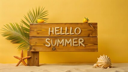 Hello Summer lettering on wooden signboard with palm leaves, seashells, starfish and orange juice.Wooden Signboard on the Beach with Palm Leaves and Sunset Background