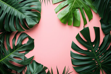 A bright summer-themed background with lush green leaves and a stylish hat on a pink backdrop. Perfect for beach, tropical, and vacation projects