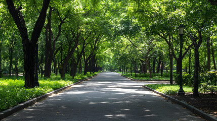Paved Pathway Lined With Tall Trees And Green Foliage under bright sunlight creating scenic shadows