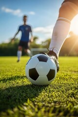 Fototapeta premium People playing soccer game in field.