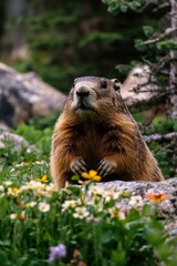 Cute groundhog in Spring field.
