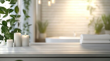 Candles and towels on a wooden surface in a bathroom