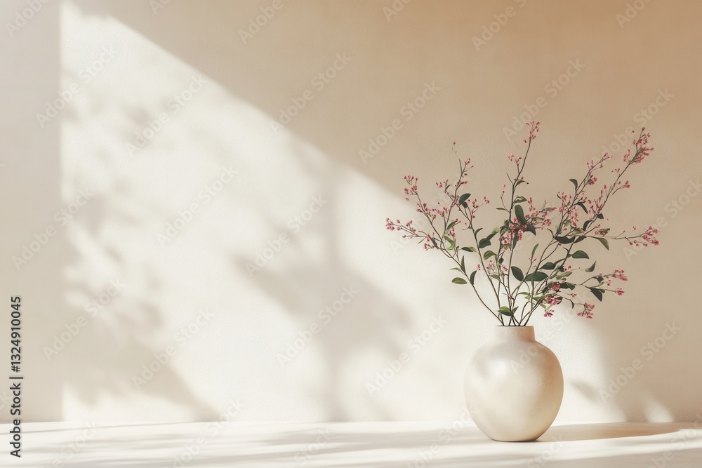 Poster elegant vase with delicate flowers casting soft shadows in a serene space during afternoon light