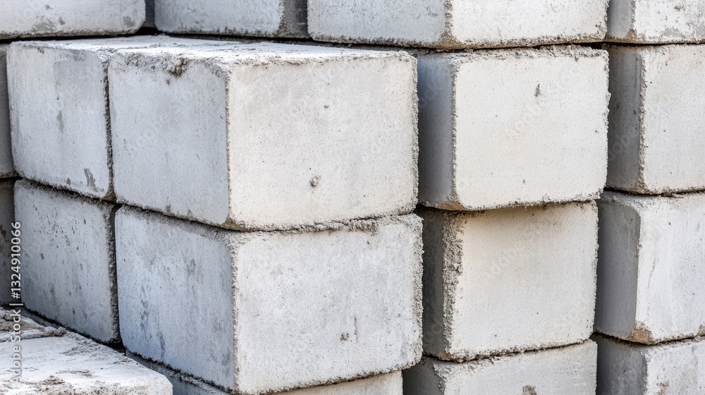 Poster cement blocks stacked in rows at a large-scale infrastructure development site.
