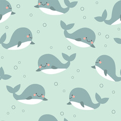 Cute whale seamless pattern. Background for kids with whales. Summer vector illustration. It can be used for wallpapers, wrapping, cards, patterns for clothes and other.