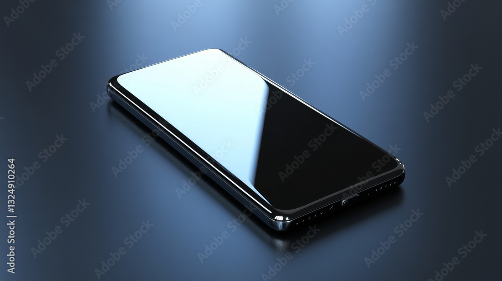 Poster modern black smart phone lies on a smooth dark blue surface or table in perspective view. realistic 