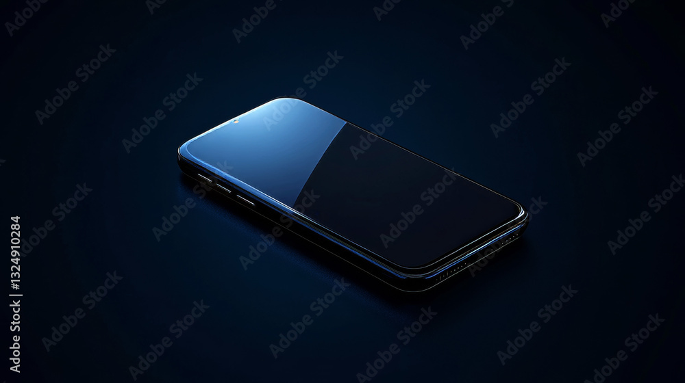 Poster modern black smart phone lies on a smooth dark blue surface or table in perspective view. realistic 