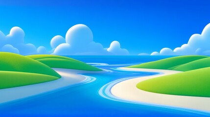 Obraz premium Idyllic river flows through green hills, sunny sky