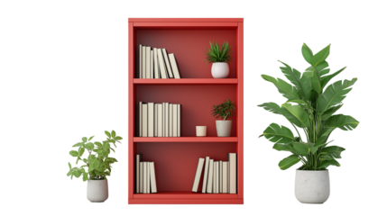 shelves , red bookshelf , plants in pot isolated on white background , transparent png