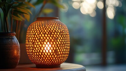 Fototapeta premium Bamboo lamp with intricate weaving, handmade craftsmanship close-up